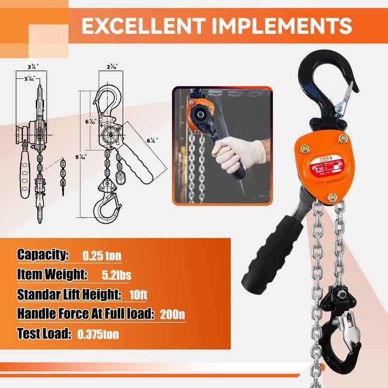 TKK Mini Lever Chain Hoist 1/4 Ton - 550lbs Capacity, 10ft Lift, Safety Hooks - Portable Manual Hoist for Garages, Warehouse, Automotive - Come Along Winch, Ratchet G80 Chain Fall Hoist - Image 2